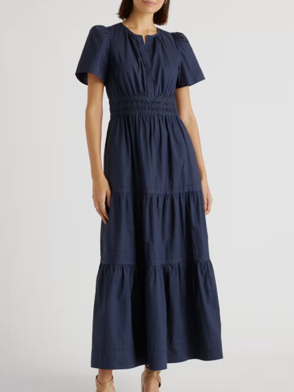 NWT Quince 100% Organic Cotton Poplin Tiered Maxi Dress Navy Blue